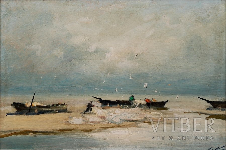 Kreics Stanislav (1909-1992), "Before fishing", 1987, carton, oil, 27 x 39,5 cm